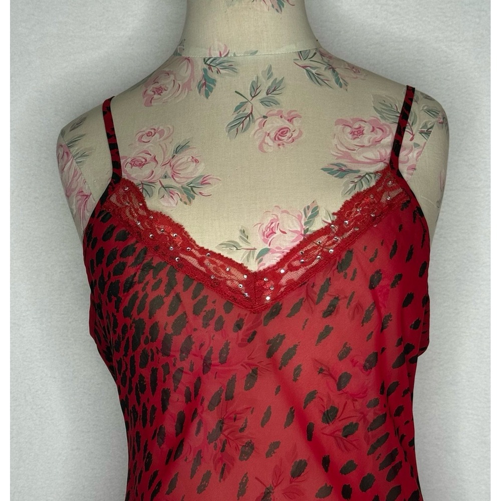 Baby Phat Y2K Red Leopard Print Mesh Chemise Slip Dress Lace Ruffle Hem S Sheer - Picture 2 of 12